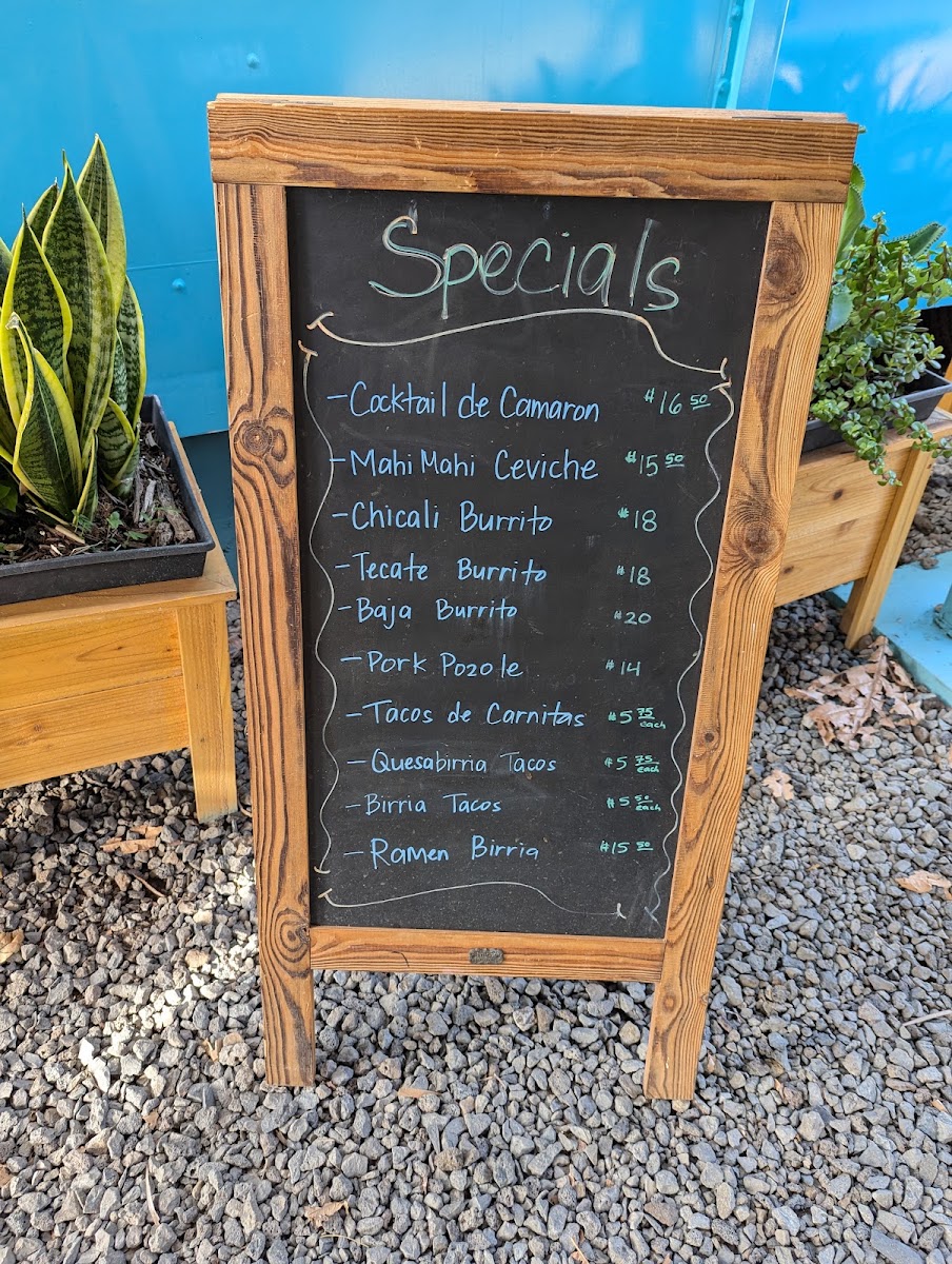Fish Tacos El Blue menu board
