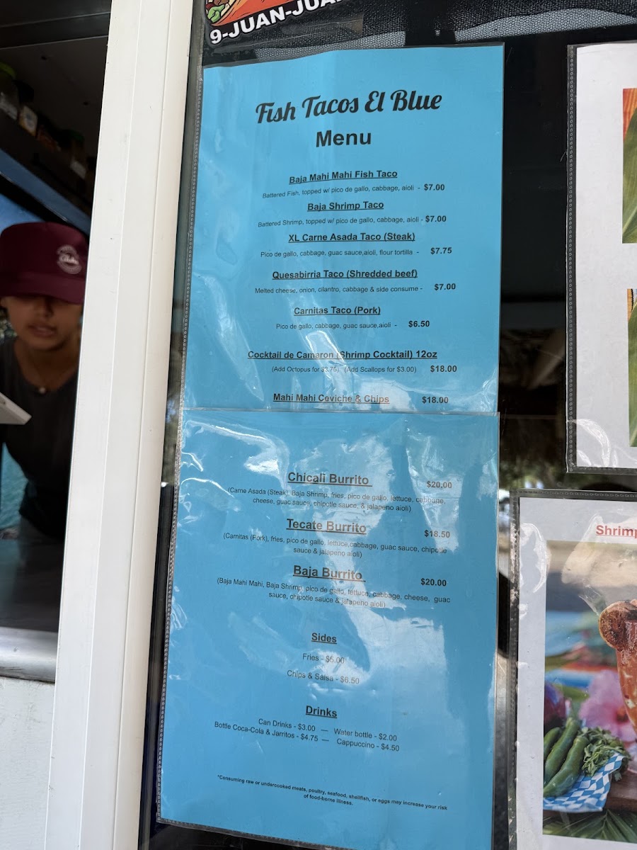 Fish Tacos El Blue menu board