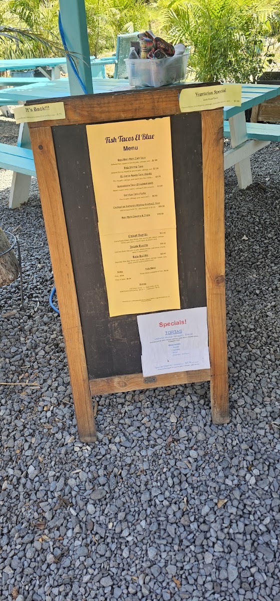 Fish Tacos El Blue menu board