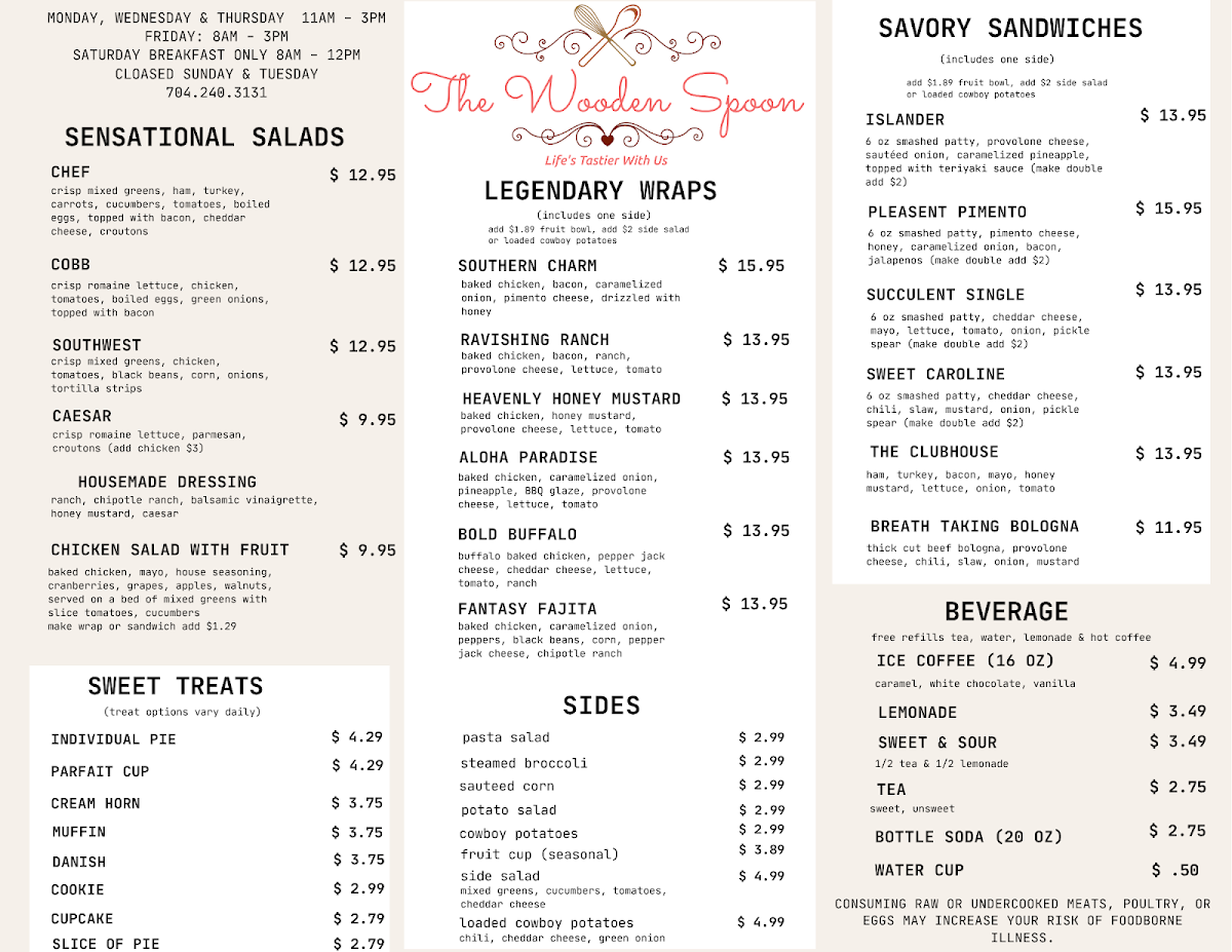 The Wooden Spoon menu board