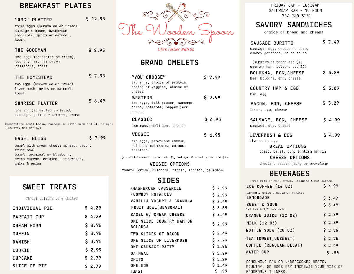 The Wooden Spoon menu board