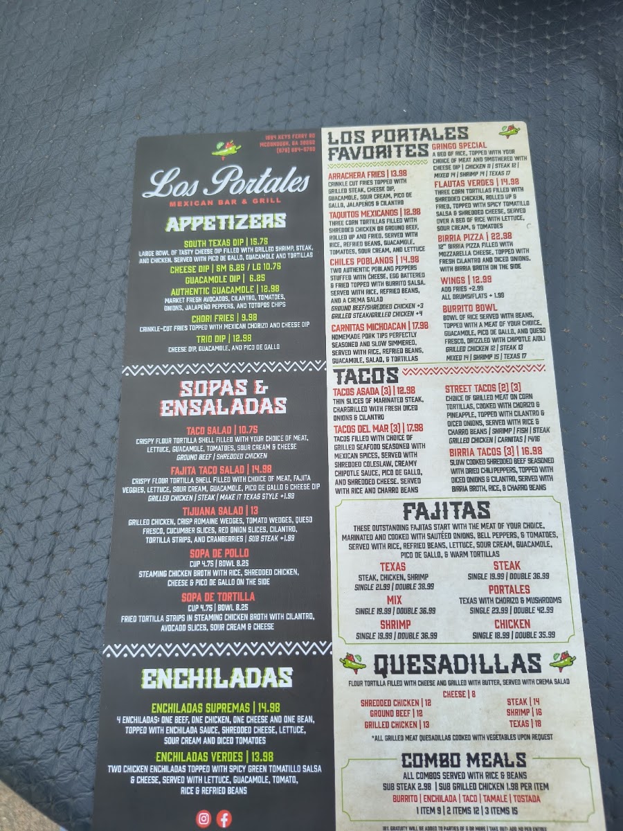 Los Portales Mexican Grill & Bar menu board
