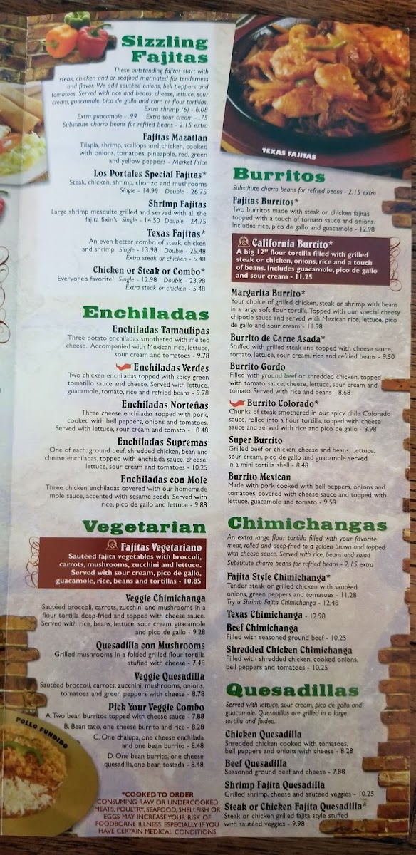 Los Portales Mexican Grill & Bar menu board