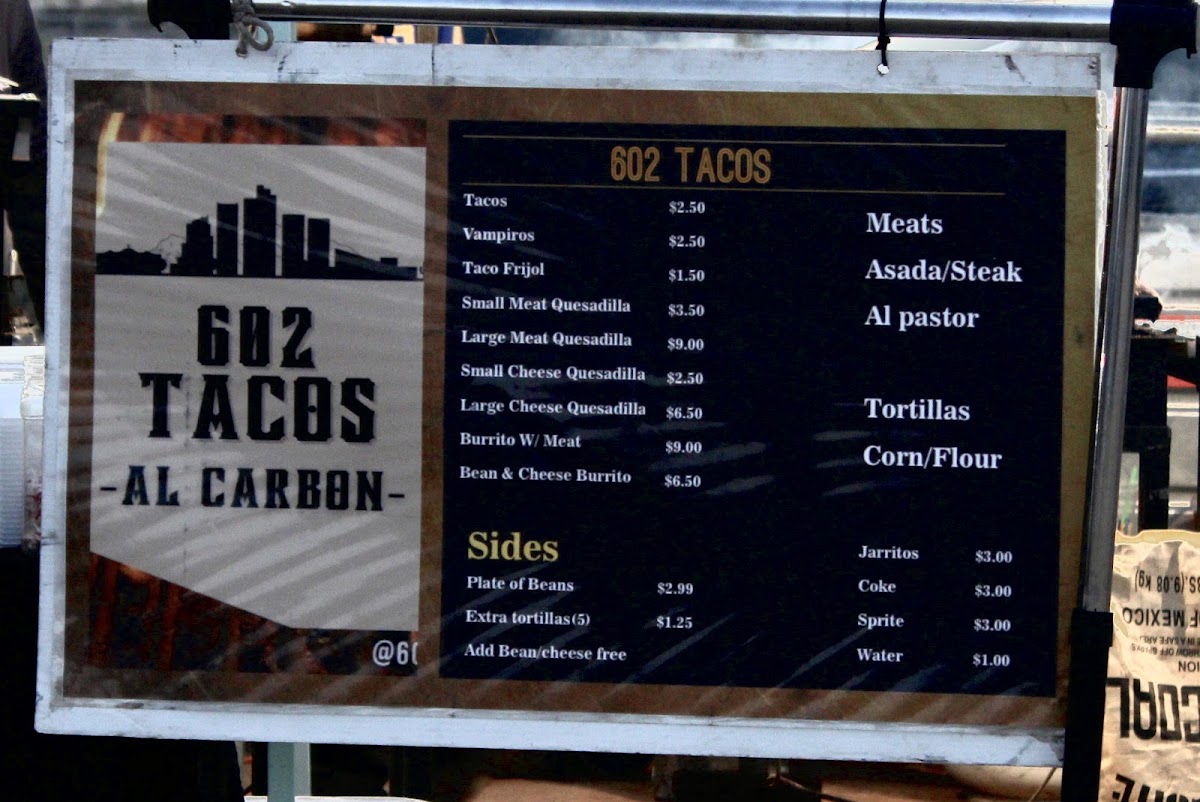 602 Tacos menu board