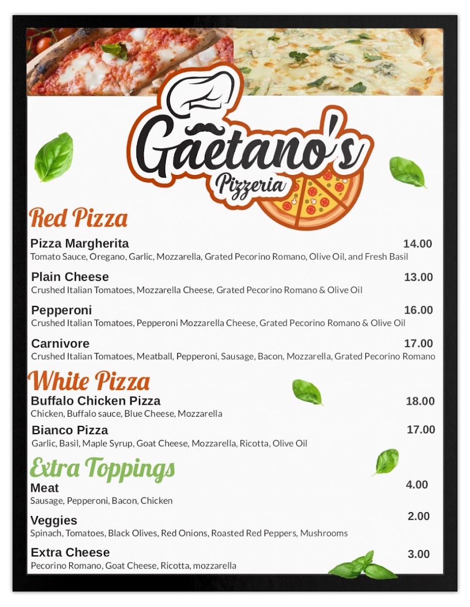 Gaetano's Pizzeria menu board