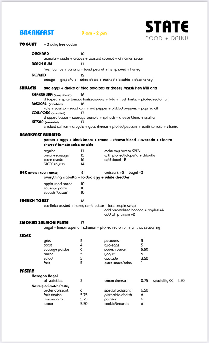 STATE Food + Drink menu board