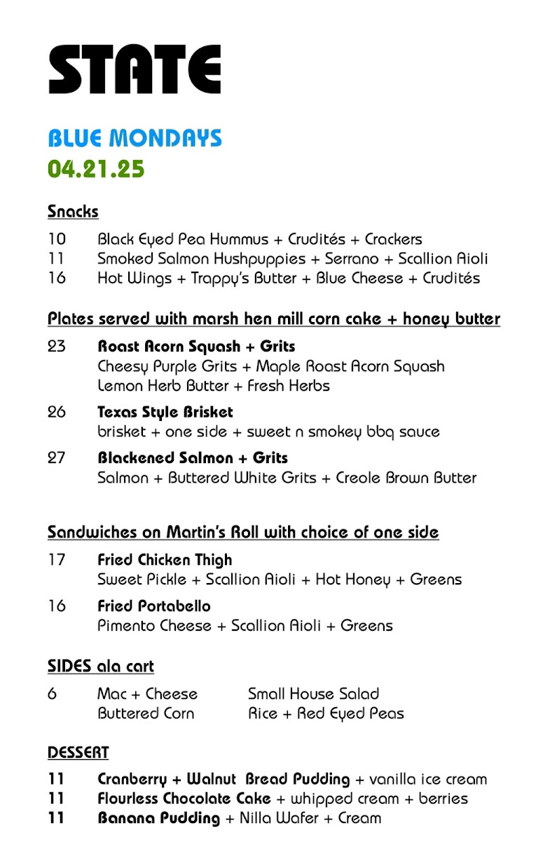 STATE Food + Drink menu board