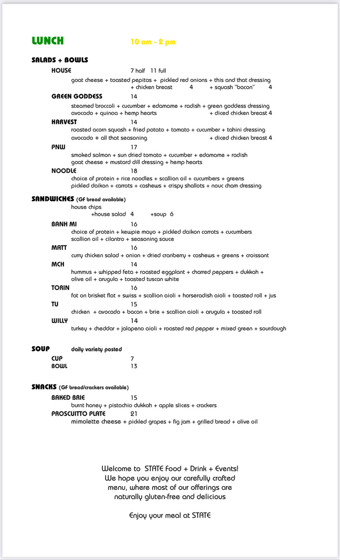 STATE Food + Drink menu board
