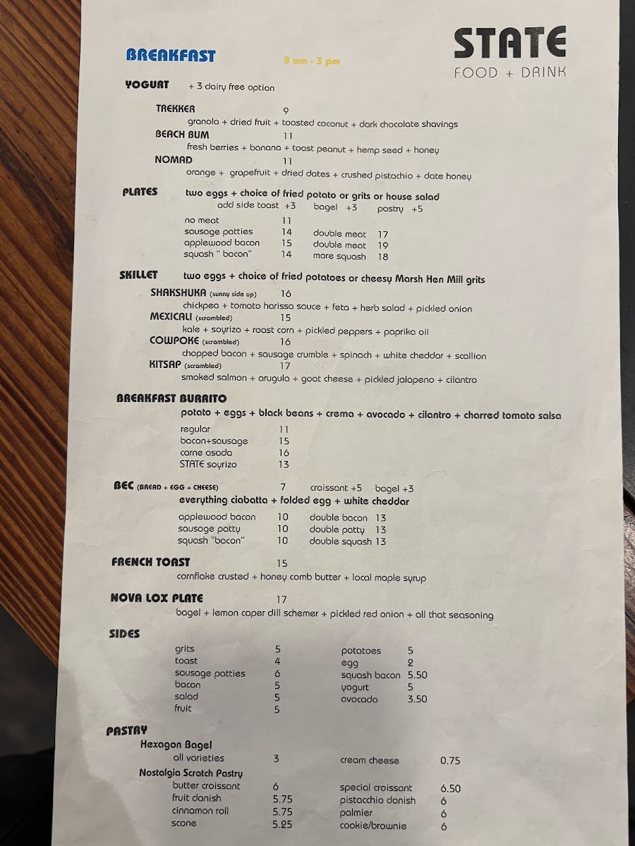 STATE Food + Drink menu board