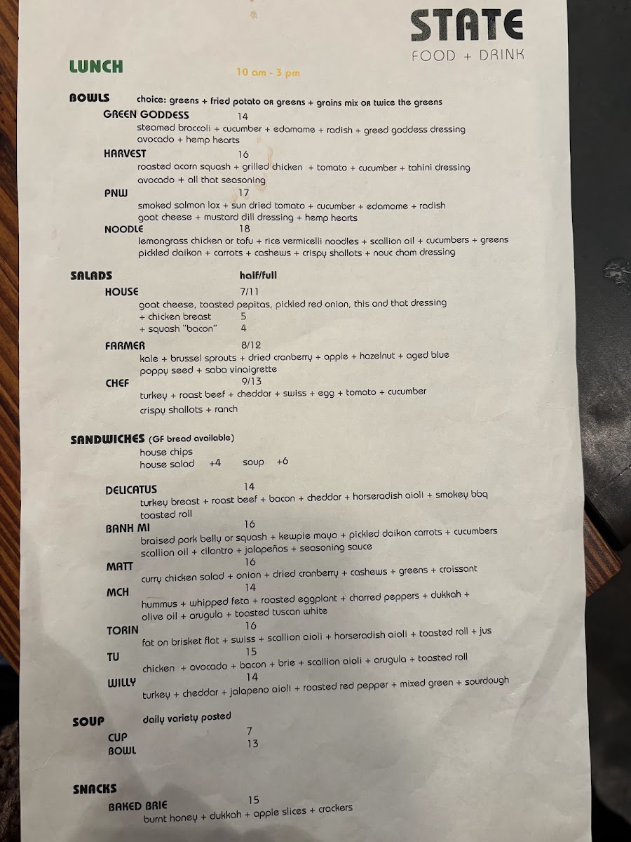 STATE Food + Drink menu board