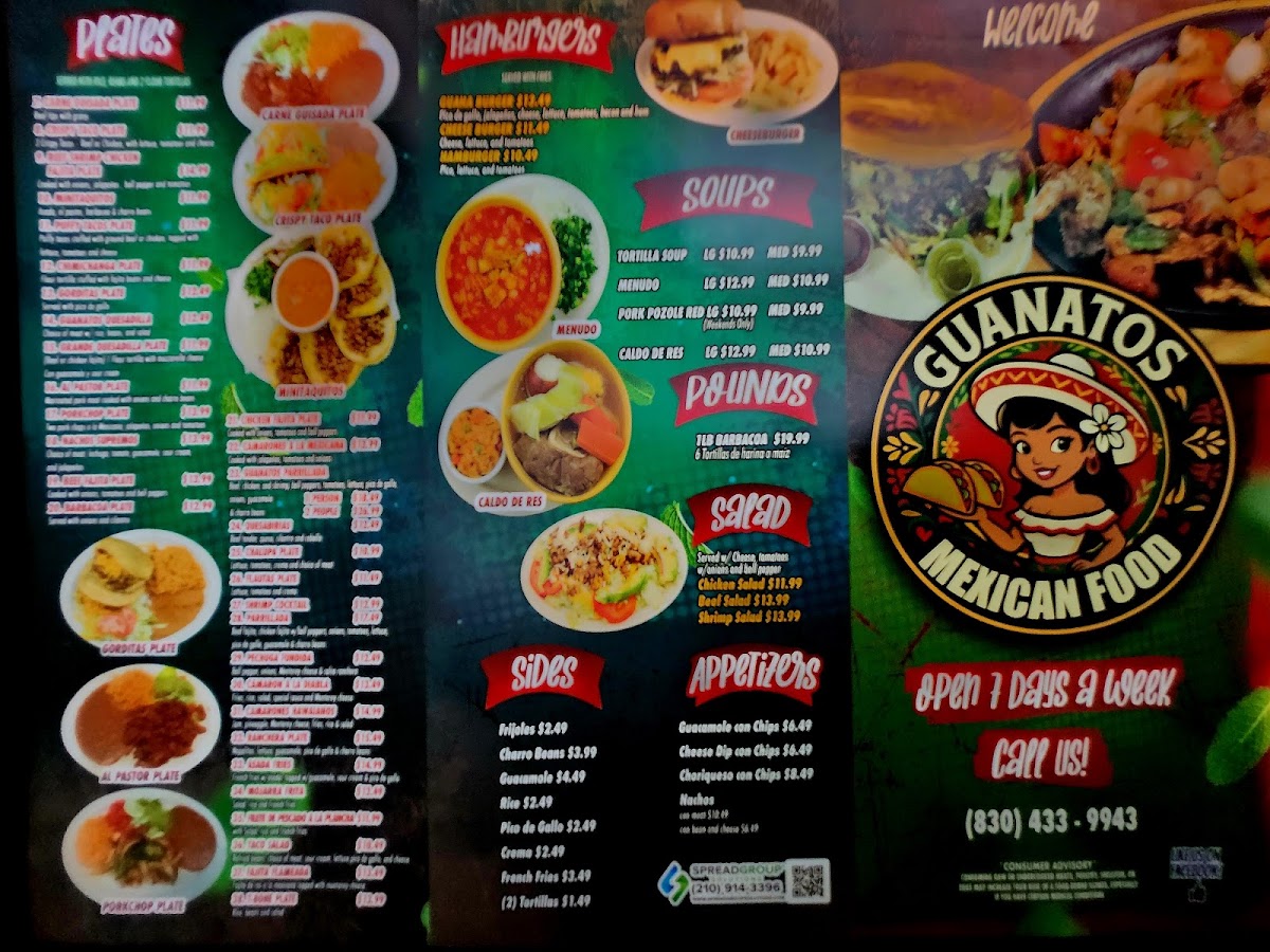 Guanatos Mexican Food menu board