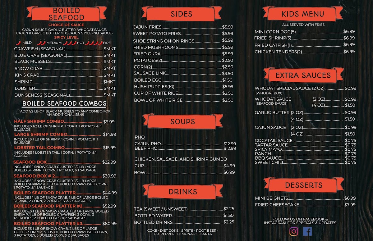 WhoDat Cajun Kitchen menu board