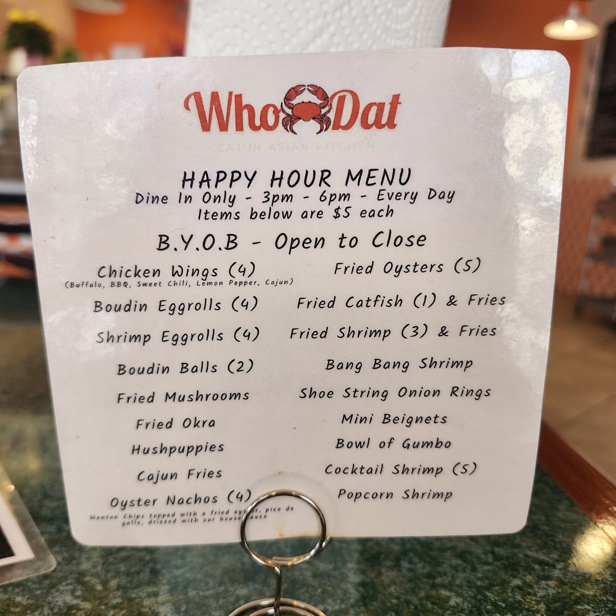WhoDat Cajun Kitchen menu board
