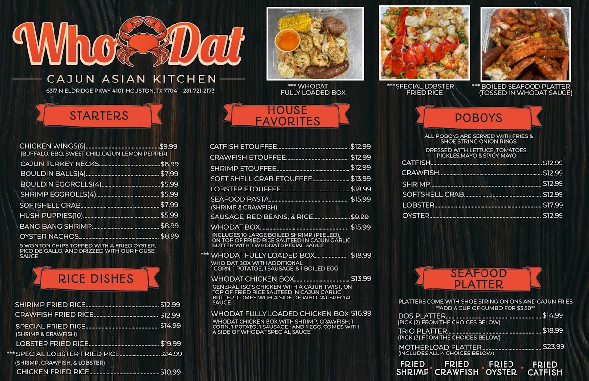 WhoDat Cajun Kitchen menu board