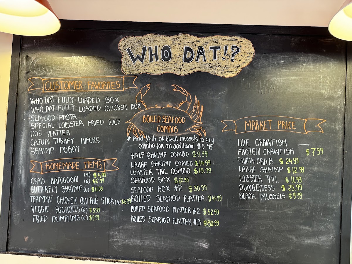 WhoDat Cajun Kitchen menu board