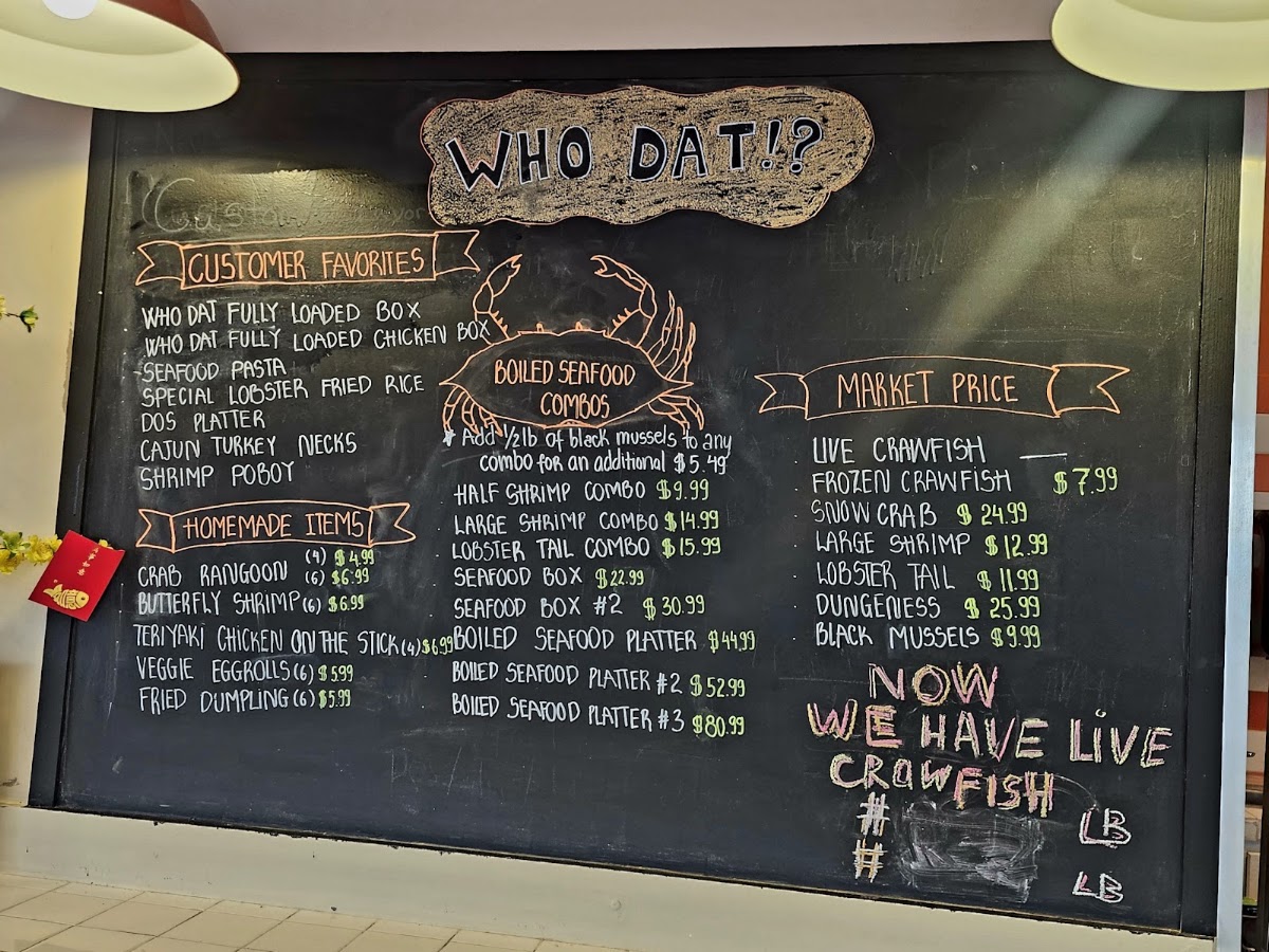 WhoDat Cajun Kitchen menu board