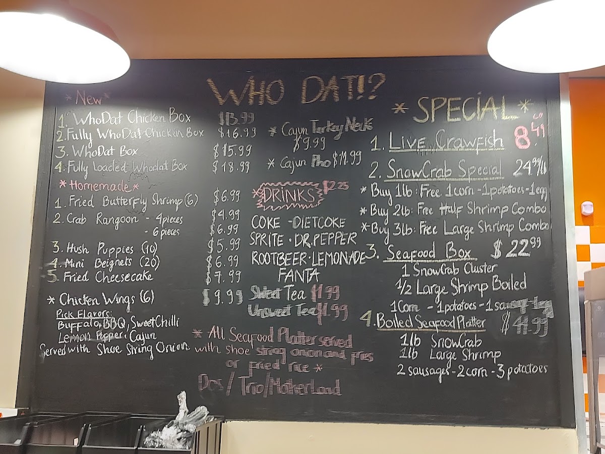 WhoDat Cajun Kitchen menu board