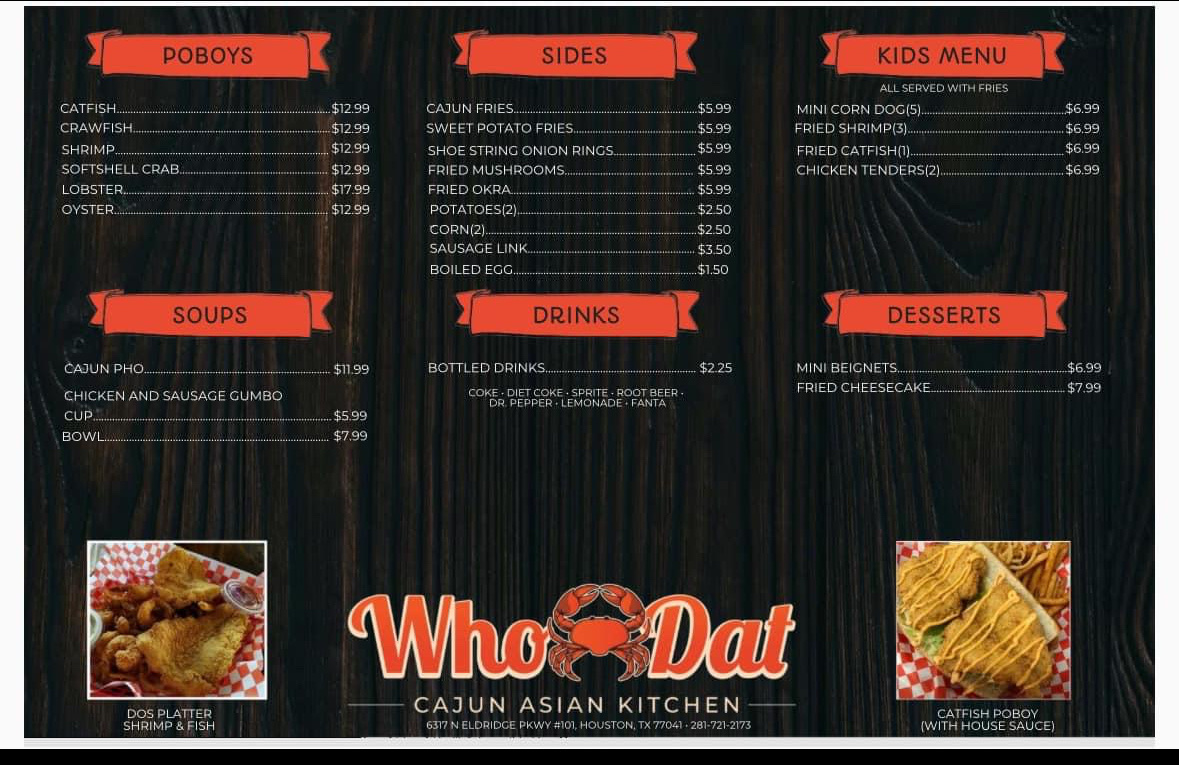 WhoDat Cajun Kitchen menu board