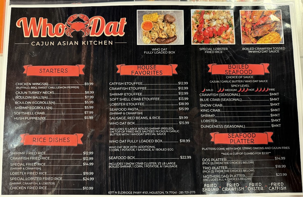 WhoDat Cajun Kitchen menu board