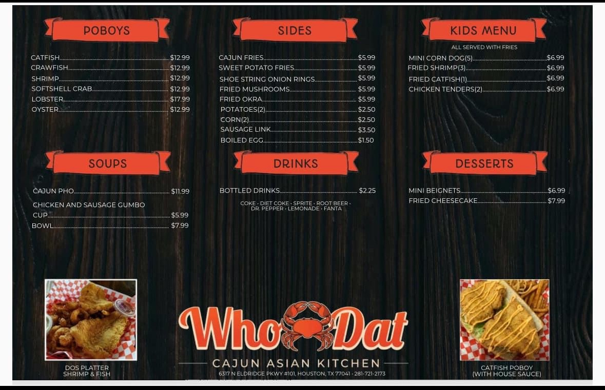 WhoDat Cajun Kitchen menu board