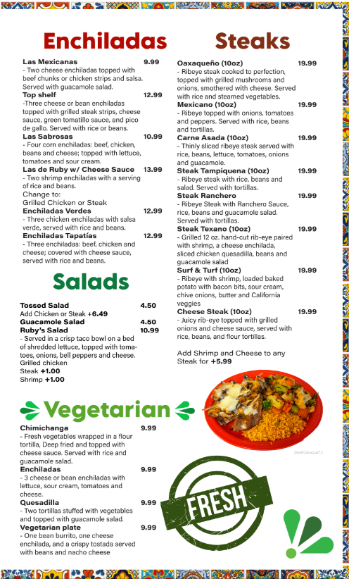 Ruby's Cantina & Grill menu board