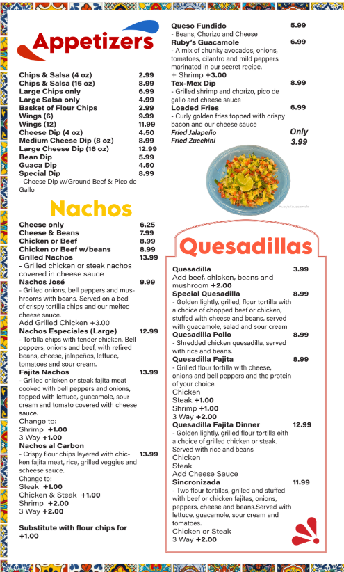 Ruby's Cantina & Grill menu board