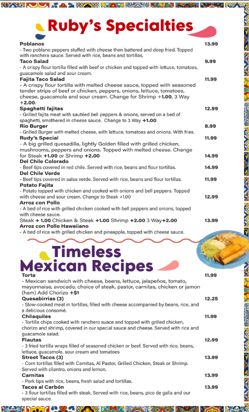 Ruby's Cantina & Grill menu board
