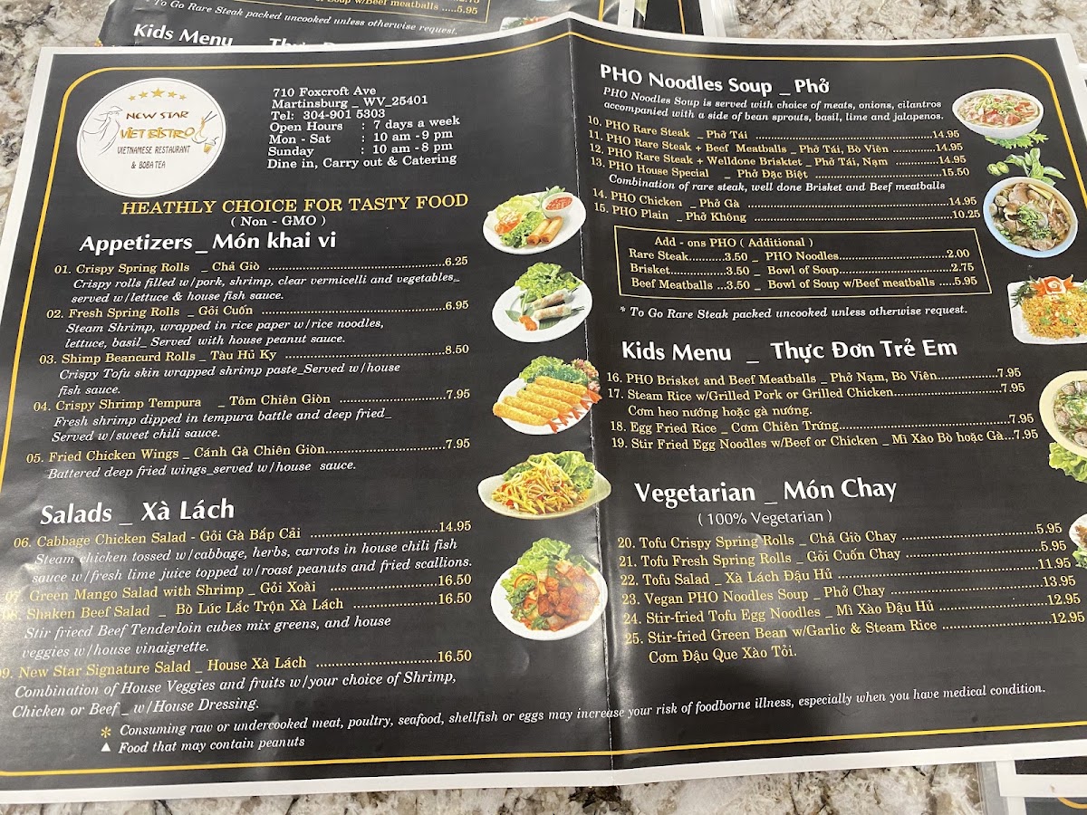 New Star Viet Bistro- Vietnamese Restaurant & Boba Tea menu board