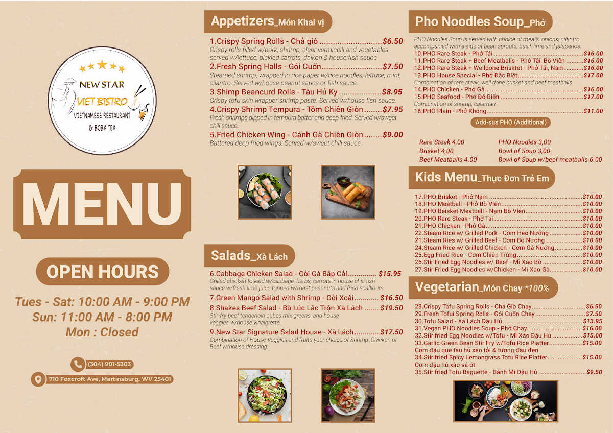 New Star Viet Bistro- Vietnamese Restaurant & Boba Tea menu board