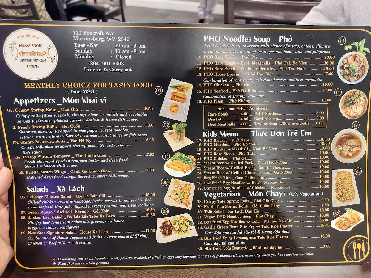 New Star Viet Bistro- Vietnamese Restaurant & Boba Tea menu board
