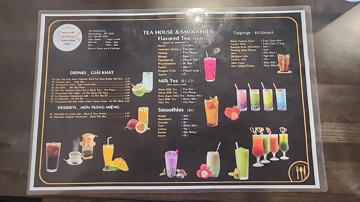 New Star Viet Bistro- Vietnamese Restaurant & Boba Tea menu board