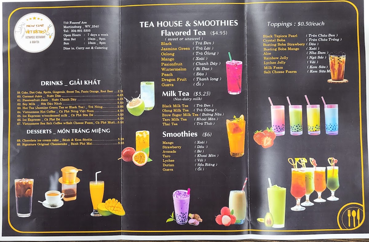 New Star Viet Bistro- Vietnamese Restaurant & Boba Tea menu board