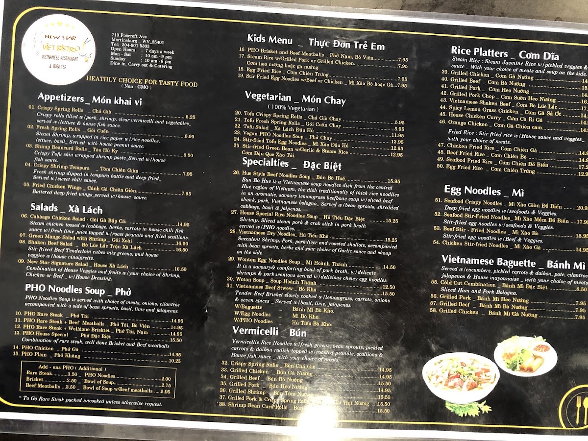 New Star Viet Bistro- Vietnamese Restaurant & Boba Tea menu board
