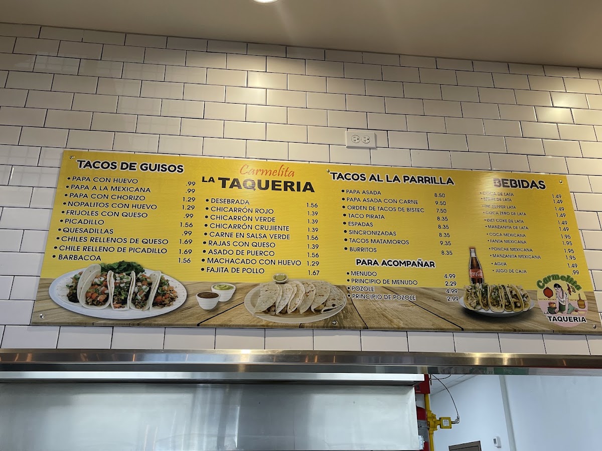 Carmelita La Taqueria menu board