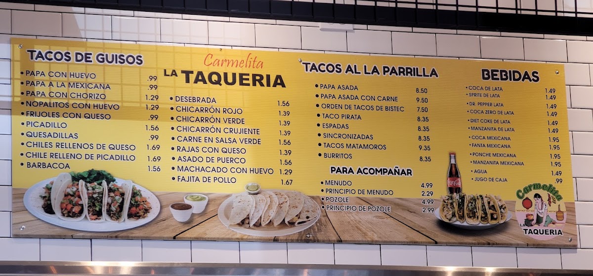 Carmelita La Taqueria menu board