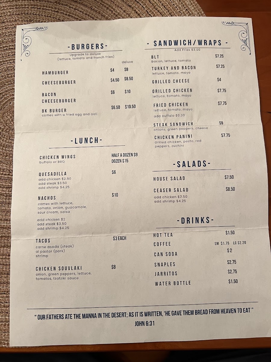 Mana cafe menu board