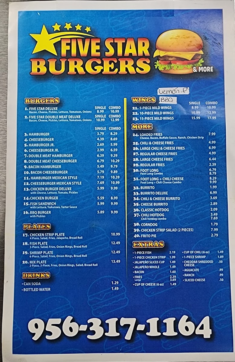 Five Star Burgers & More menu board