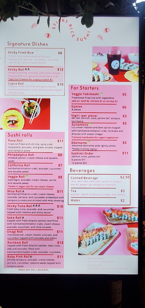 Sticky Rice Sushi menu board