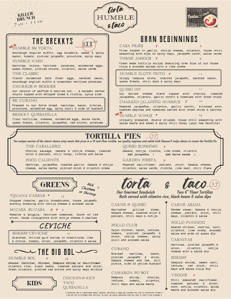 Humble Torta & Taco menu board