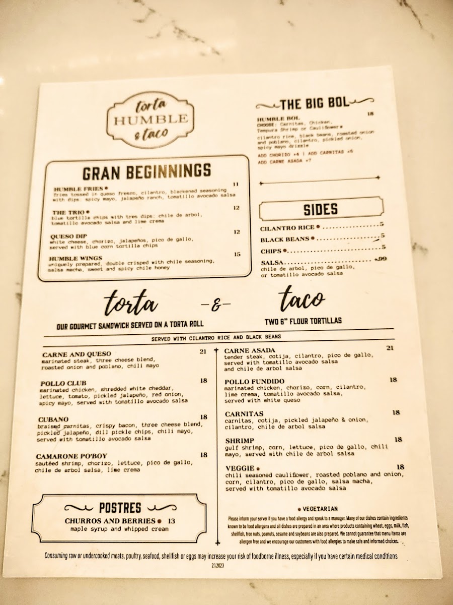 Humble Torta & Taco menu board