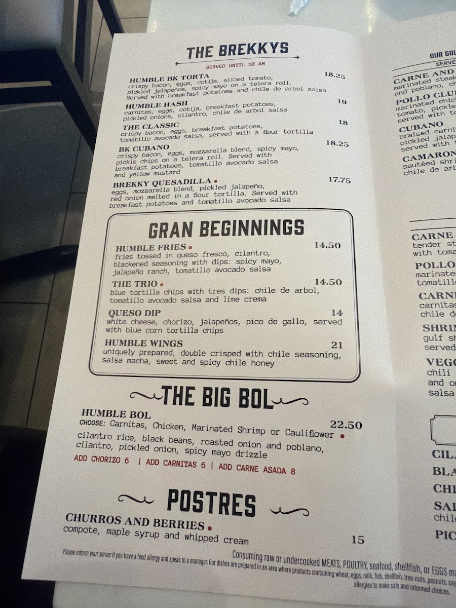 Humble Torta & Taco menu board
