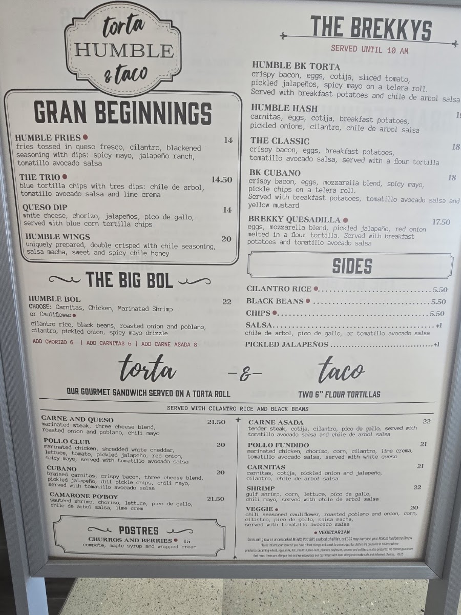Humble Torta & Taco menu board