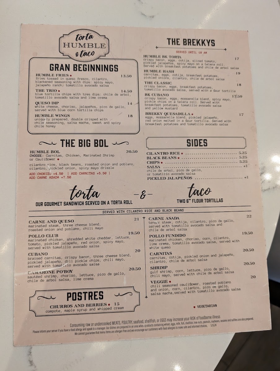 Humble Torta & Taco menu board