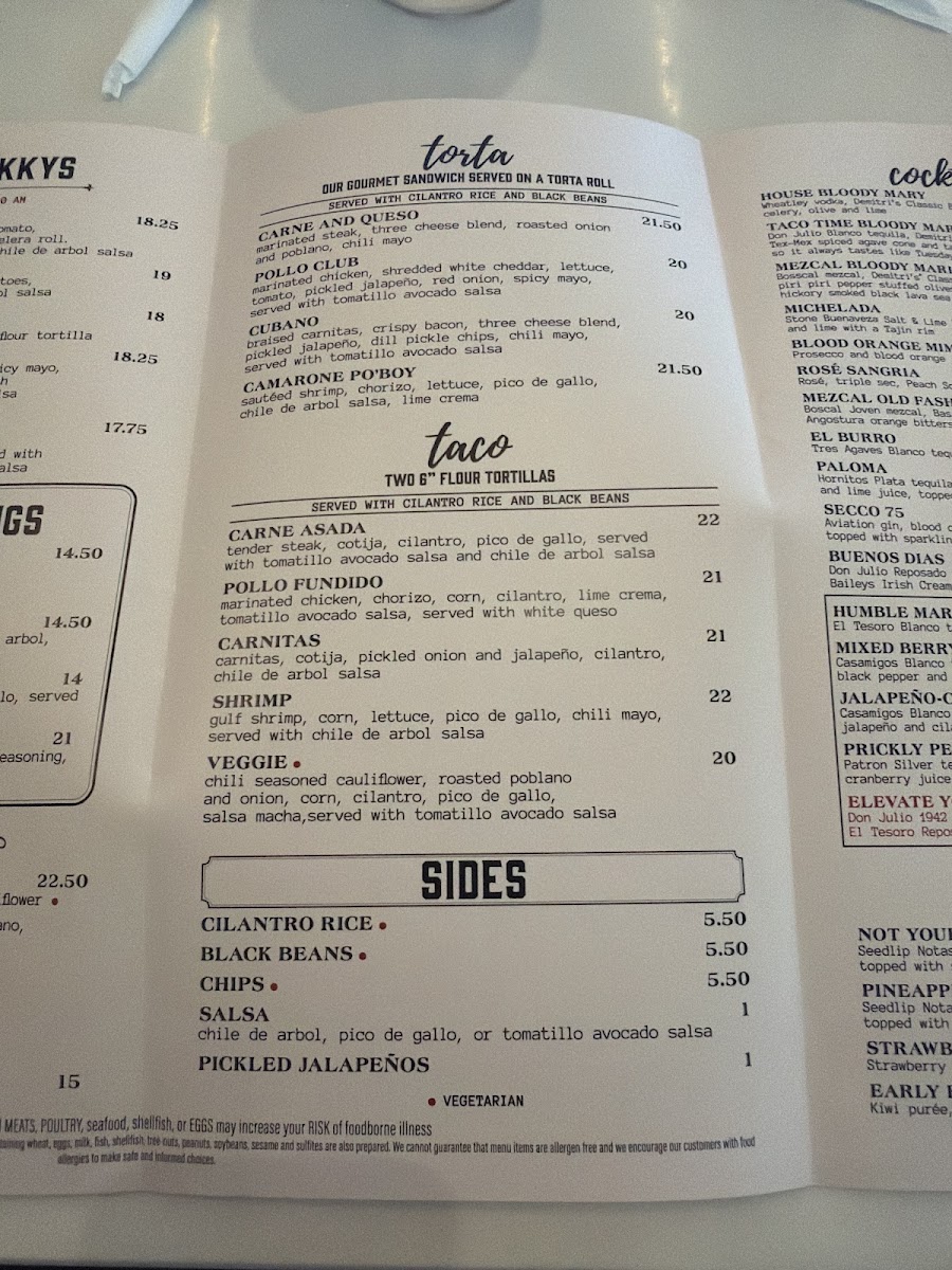 Humble Torta & Taco menu board
