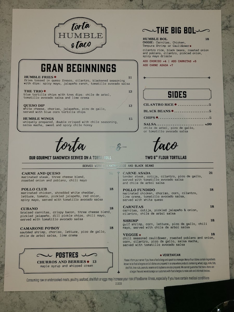 Humble Torta & Taco menu board