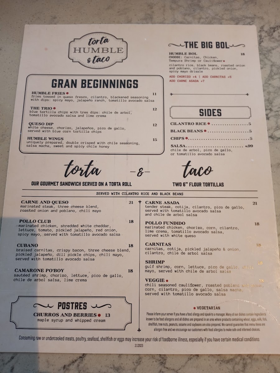 Humble Torta & Taco menu board