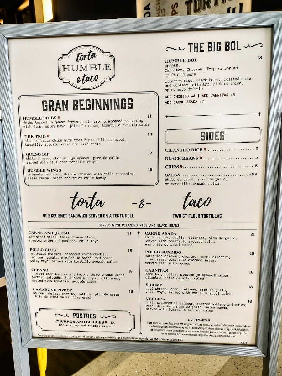 Humble Torta & Taco menu board