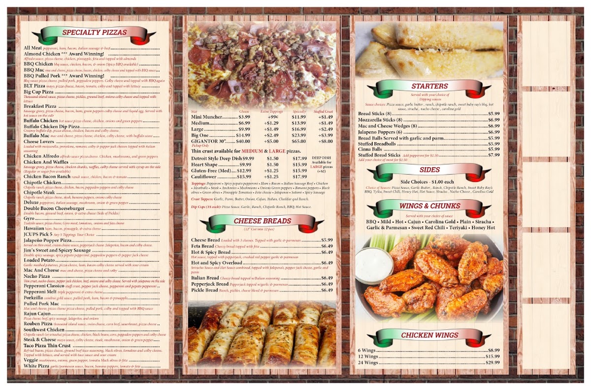 J-Cups Pizza menu board