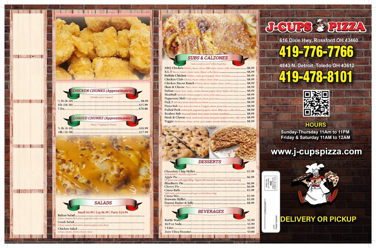J-Cups Pizza menu board