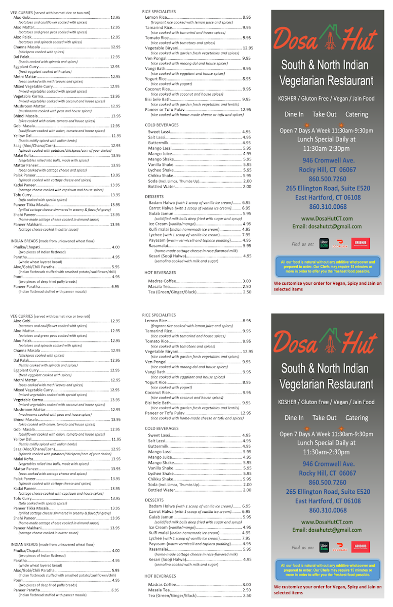 Dosa Hut menu board